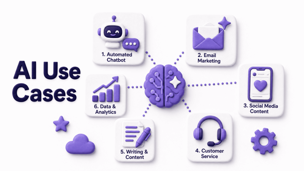 Infographic showing popular AI use cases for small businesses including automation and marketing - AI helps small businesses
