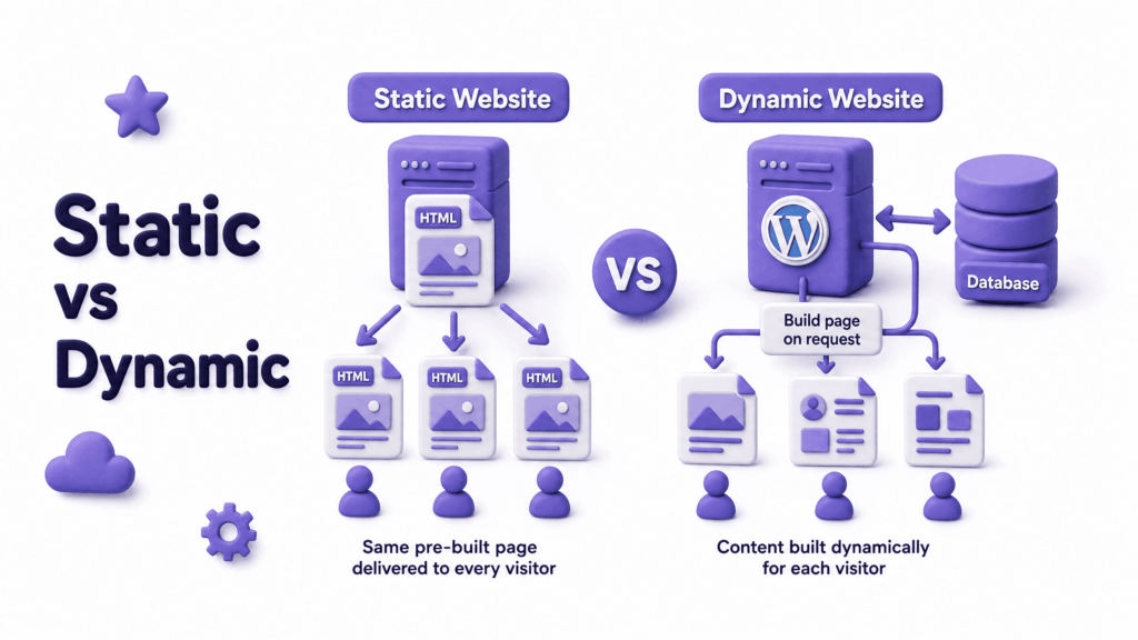 Comparison showing static website delivering same files versus dynamic WordPress website building pages from database