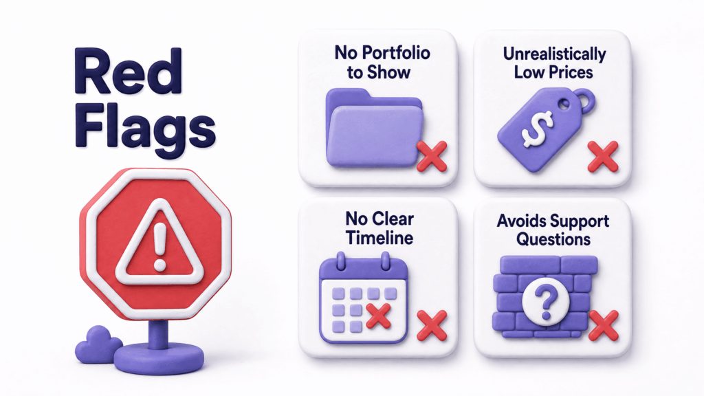 Warning signs checklist showing red flags to watch for when choosing a web design company in Kashmir