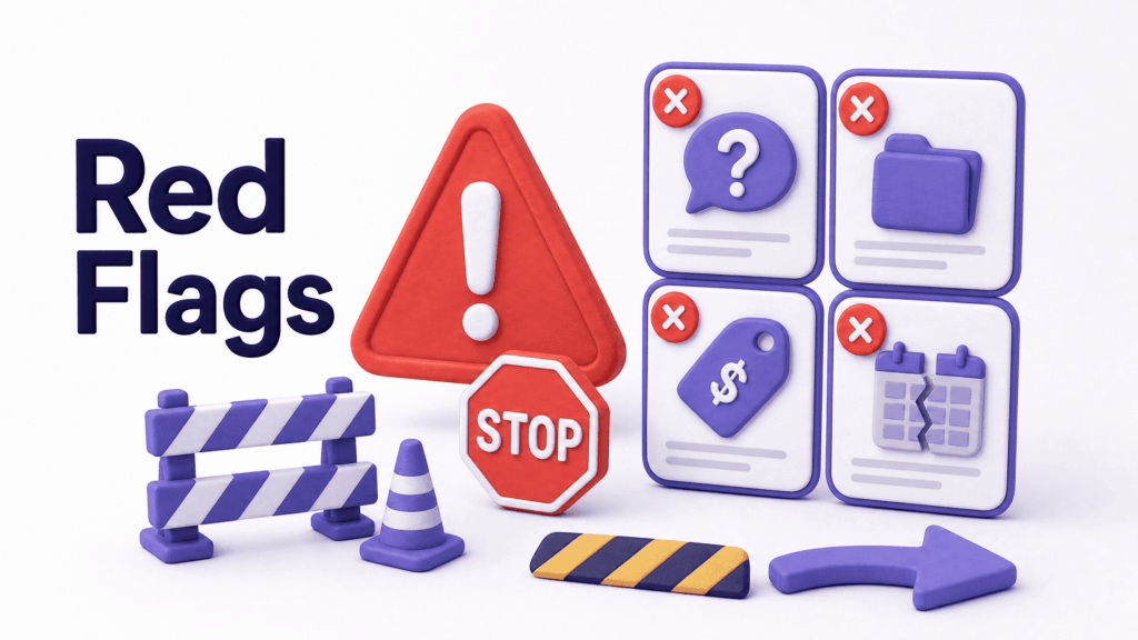 Warning sign checklist showing red flags to watch for when choosing a web design company in the USA
