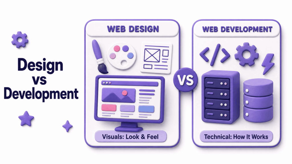 Diagram showing difference between web design covering visuals and web development covering technical build - best web development company in Kashmir