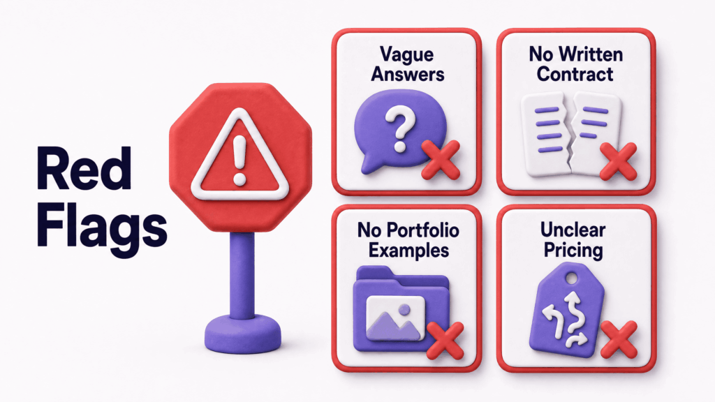 Warning signs showing red flags when choosing a web development company in Kashmir including vague answers