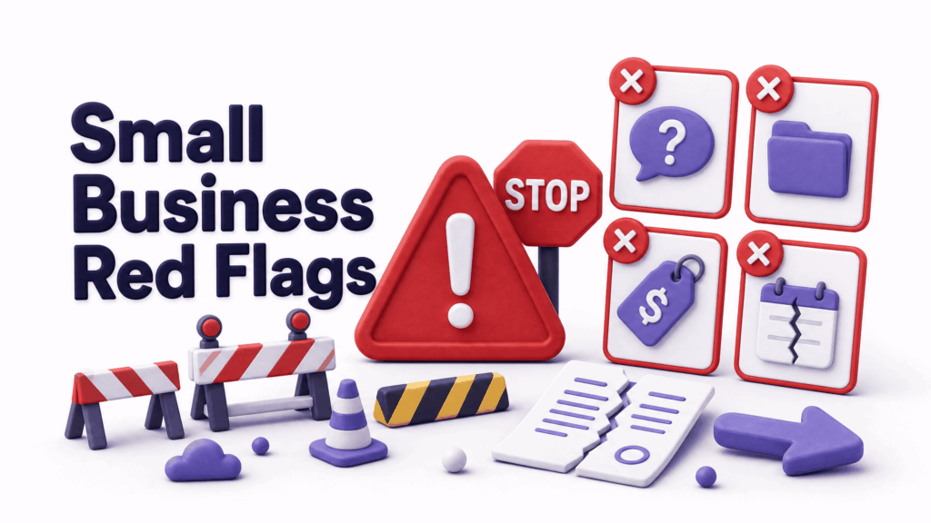 Warning signs showing red flags to avoid when hiring a web development company as a small US business