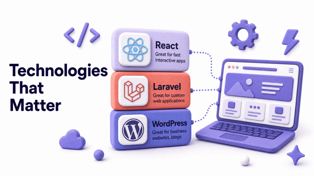 Technology stack diagram showing WordPress Laravel and React used by web development companies in Kashmir