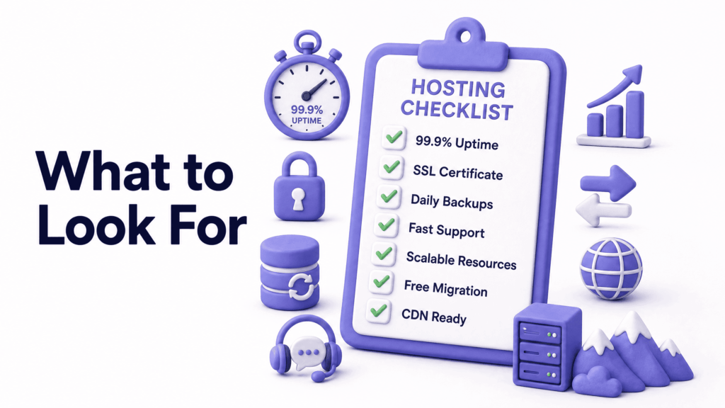 Checklist showing must-have features in any web hosting plan for a Kashmir business website