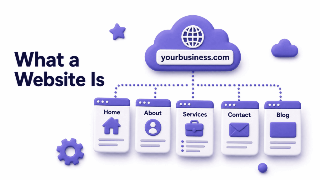 Diagram showing a website as a collection of connected web pages under one domain name - how a website works
