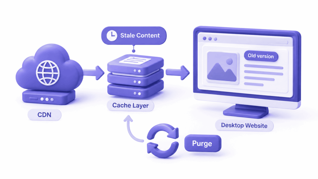 Cloudflare purge cache button being clicked to fix website not working on desktop due to stale CDN