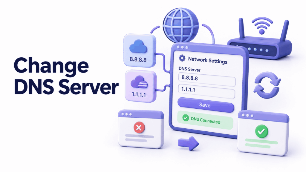 Network settings showing DNS changed to Google 8.8.8.8 to fix this site can't be reached error