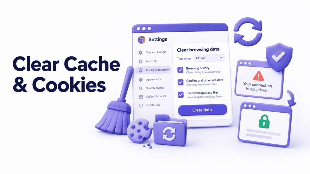 Chrome clear browsing data settings to fix your connection is not private from corrupted cache