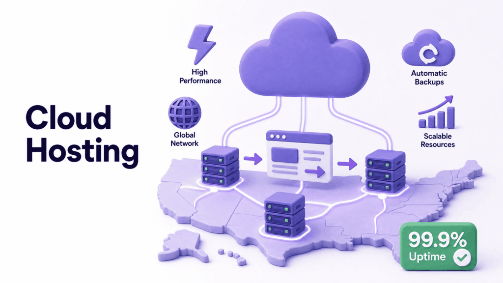 Illustration showing cloud hosting running a US business website across a network of interconnected servers - web hosting in the USA