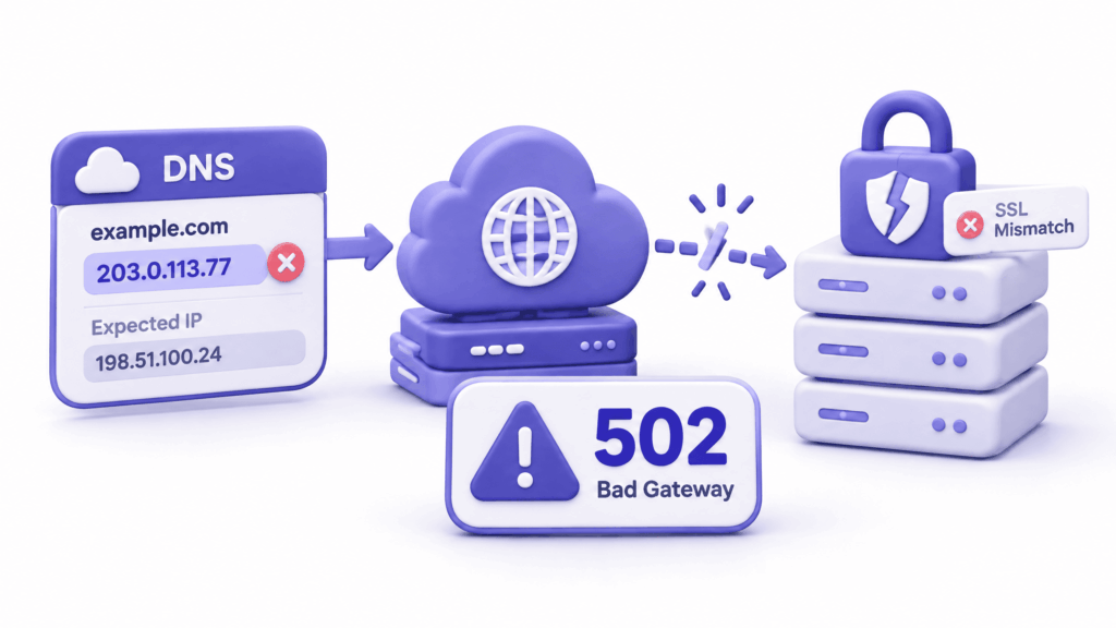 Cloudflare dashboard showing DNS record pointing to wrong server IP causing 502 bad gateway