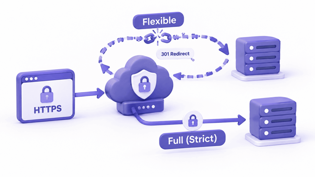 Cloudflare SSL settings showing Flexible mode causing redirect loop fixed by switching to Full Strict