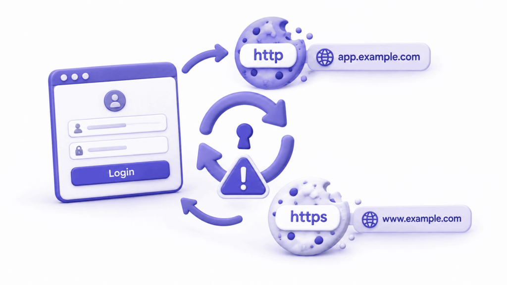 Browser cookie set to wrong domain protocol causing intermittent ERR_TOO_MANY_REDIRECTS on login