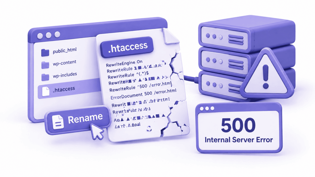 Hosting file manager showing htaccess file being renamed to fix 500 internal server error in WordPress