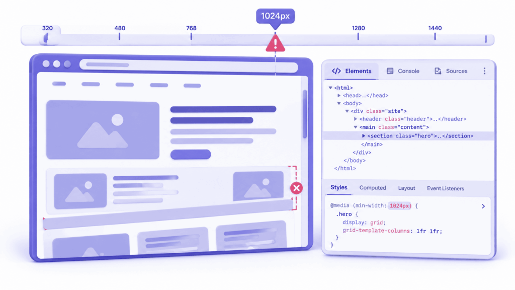Browser DevTools Elements panel showing CSS media query rule breaking website layout on desktop width