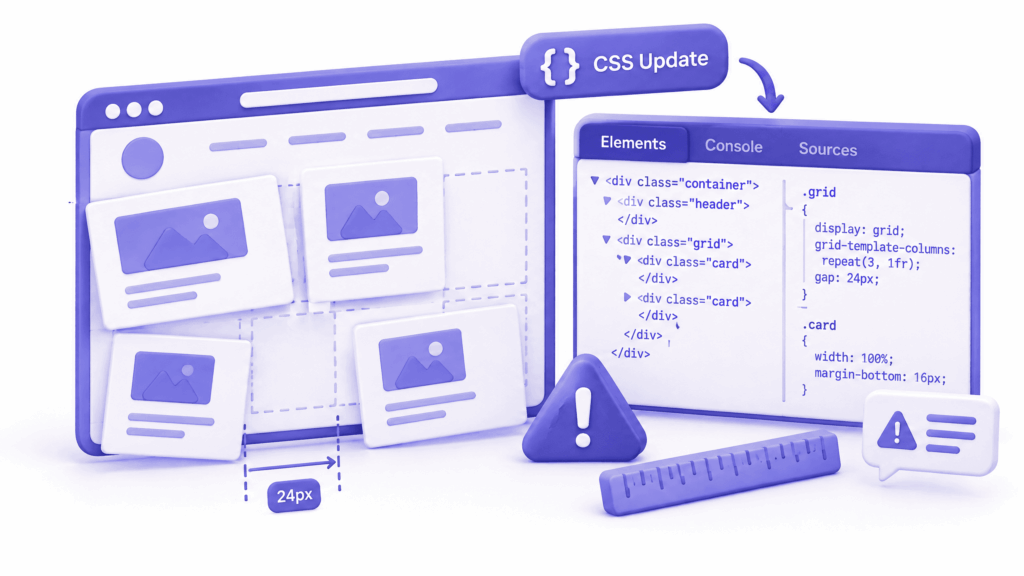 Browser DevTools Elements panel showing CSS class names changed after theme update breaking website layout
