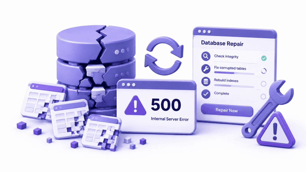 WordPress database repair tool in wp-admin fixing corrupted tables causing 500 internal server error