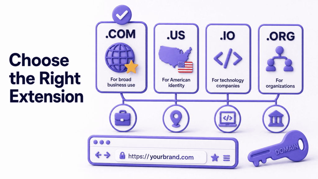 Guide showing different domain extensions and which is best for different US business types