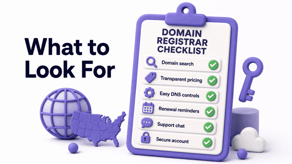 Checklist showing what US businesses should look for when choosing a domain registration service - domain registration services in the USA
