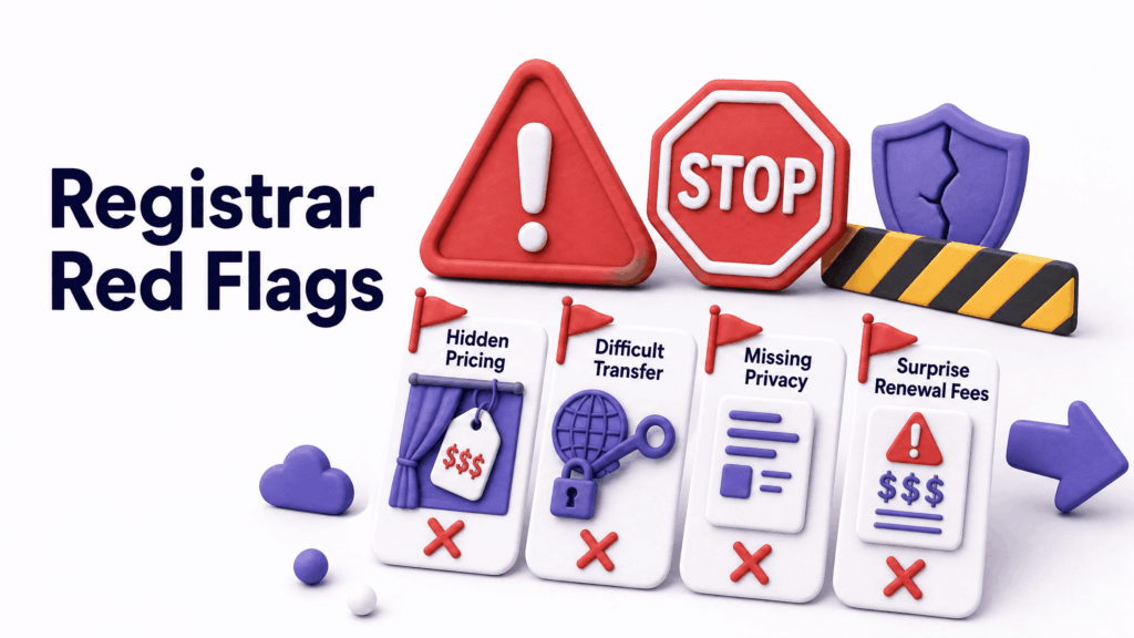 Warning signs checklist showing red flags to avoid when choosing a domain registration service in the USA