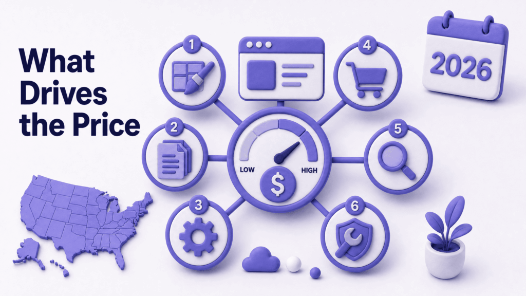 Six key factors that affect website cost in the USA including design originality and post-launch support