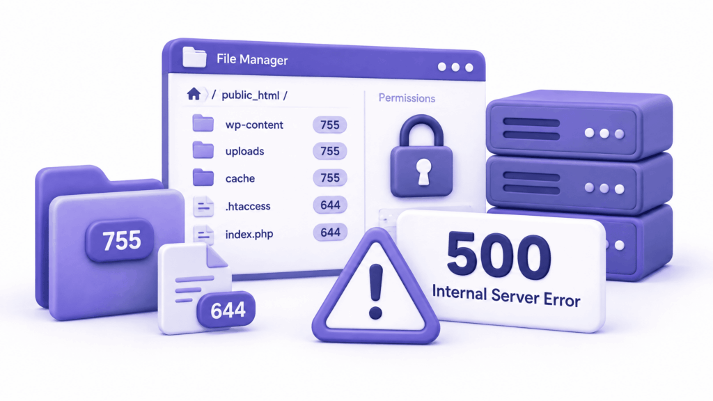 Hosting file manager showing folder permissions set to 755 to fix 500 internal server error