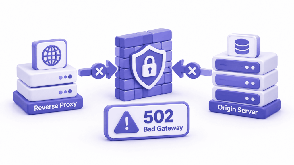 Server firewall rules blocking proxy communication and causing 502 bad gateway errors