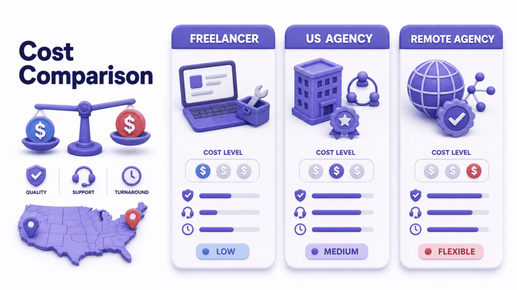 Comparison table showing website cost differences between freelancer US agency and remote agency