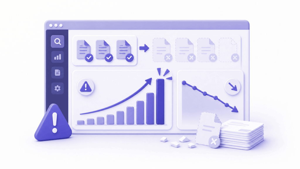 Google Search Console pages report showing spike in deindexed pages causing sudden traffic drop