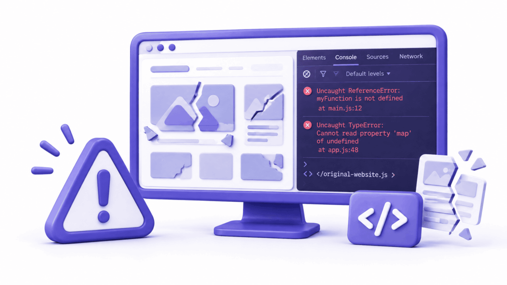 Chrome DevTools Console tab showing red JavaScript error causing website to break on desktop only