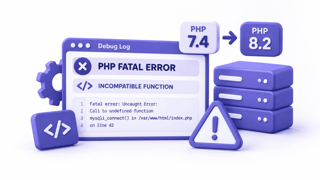 PHP fatal error in WordPress debug log showing incompatible function after website broken by update
