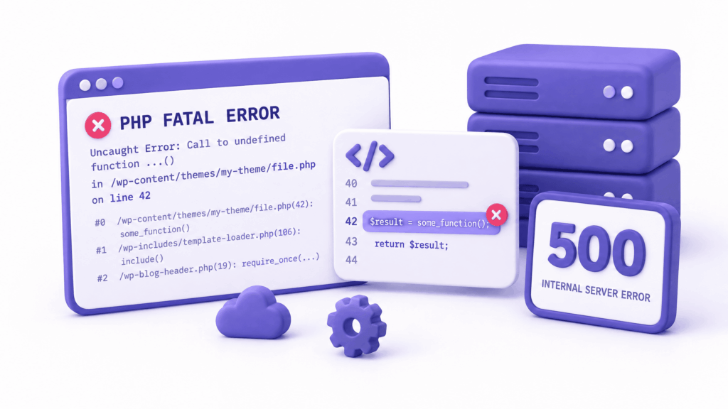 WordPress debug log showing PHP fatal error causing 500 internal server error with file and line number