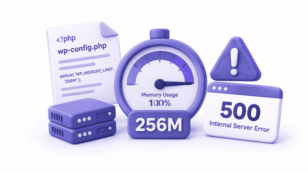 wp-config.php file showing WP memory limit set to 256M to fix 500 internal server error
