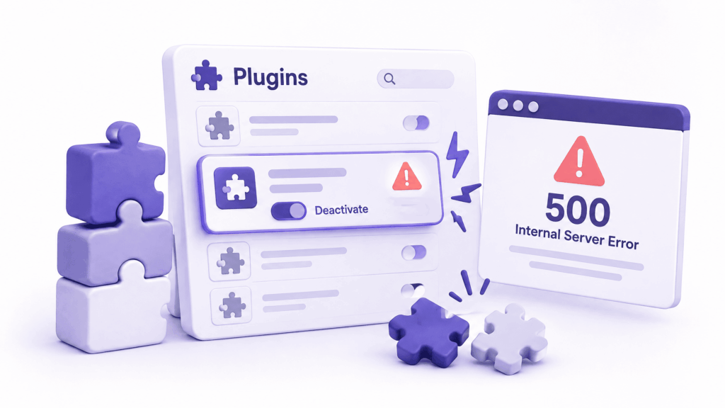 WordPress plugins page showing all plugins deactivated to fix 500 internal server error - 500 internal server error