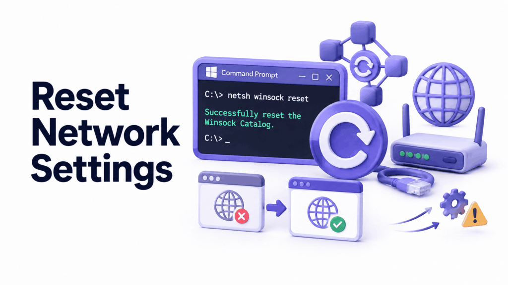 Command Prompt showing netsh winsock reset command to fully reset network and fix connection error