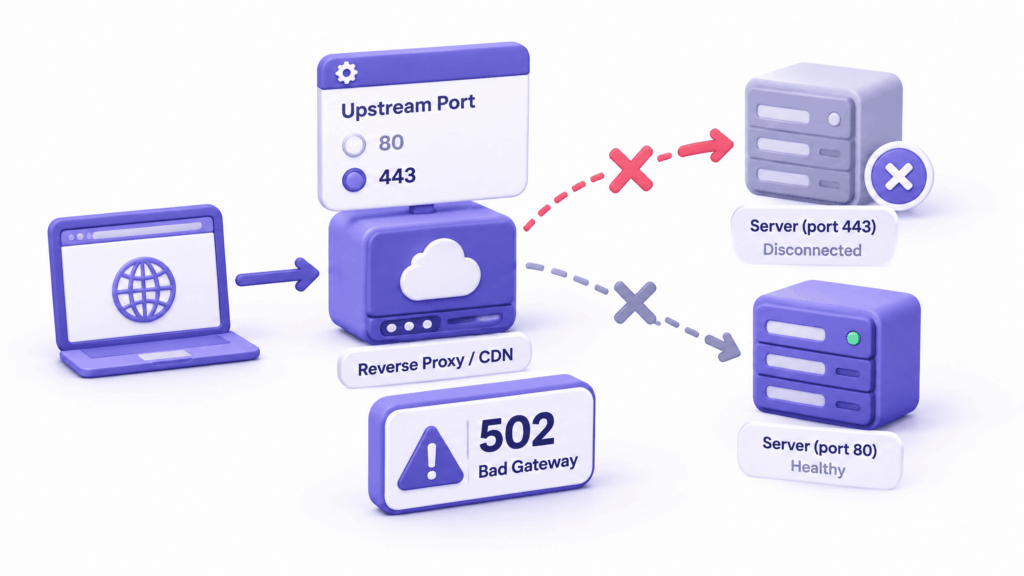Nginx proxy configuration pointing to wrong server port causing 502 bad gateway error