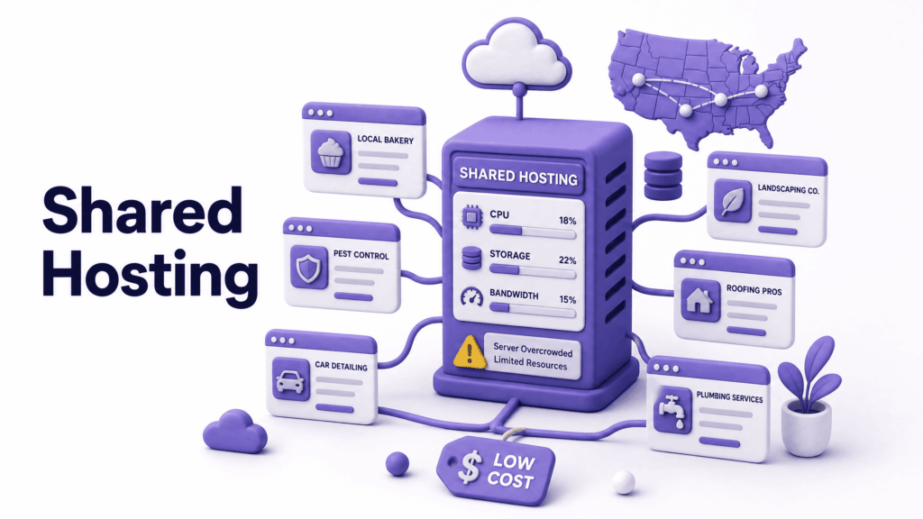 Diagram showing multiple US business websites sharing resources on a single overcrowded shared server - web hosting in the USA
