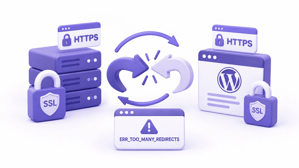 Diagram showing SSL redirect conflict between WordPress and server causing ERR_TOO_MANY_REDIRECTS