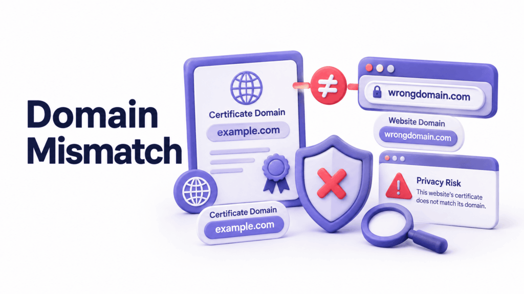 Diagram showing SSL certificate issued for wrong domain causing your connection is not private warning