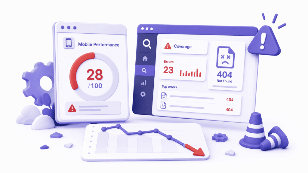 Google PageSpeed Insights showing poor mobile score and Search Console showing 404 errors after traffic drop