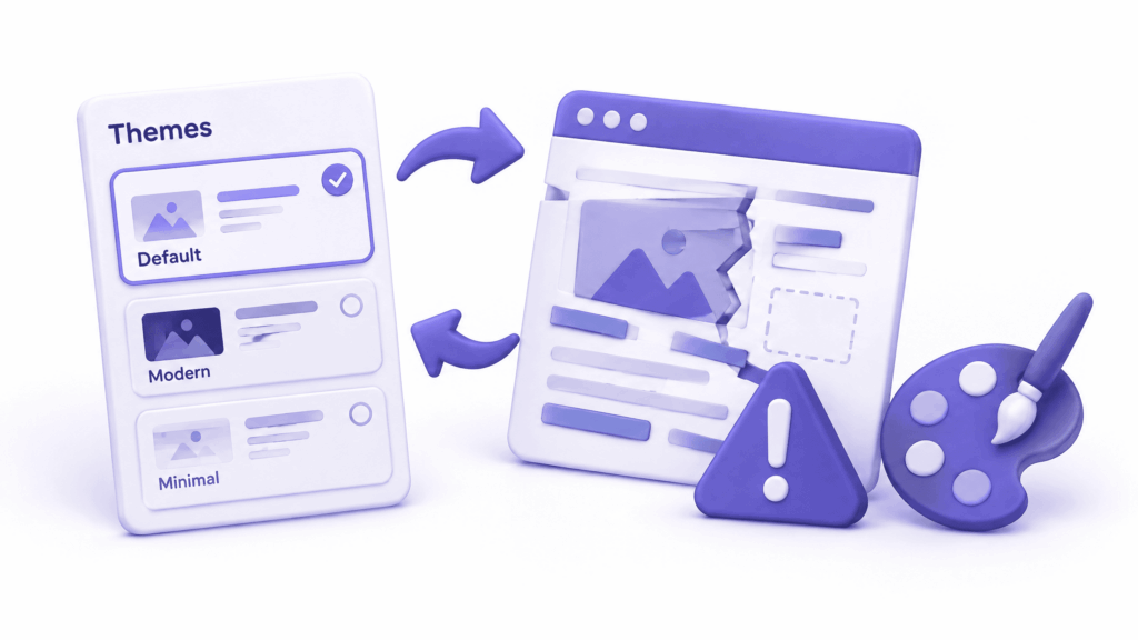 WordPress theme switcher showing default theme selected to diagnose website broken after theme update