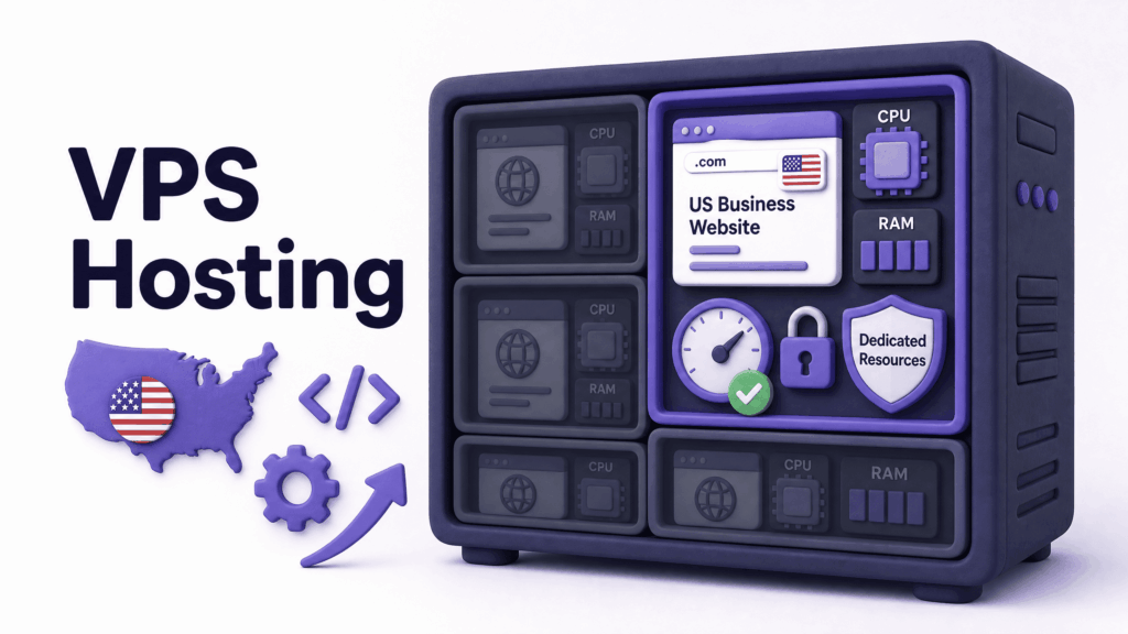 Diagram showing VPS hosting giving a US business website its own dedicated isolated server resources - web hosting in the USA