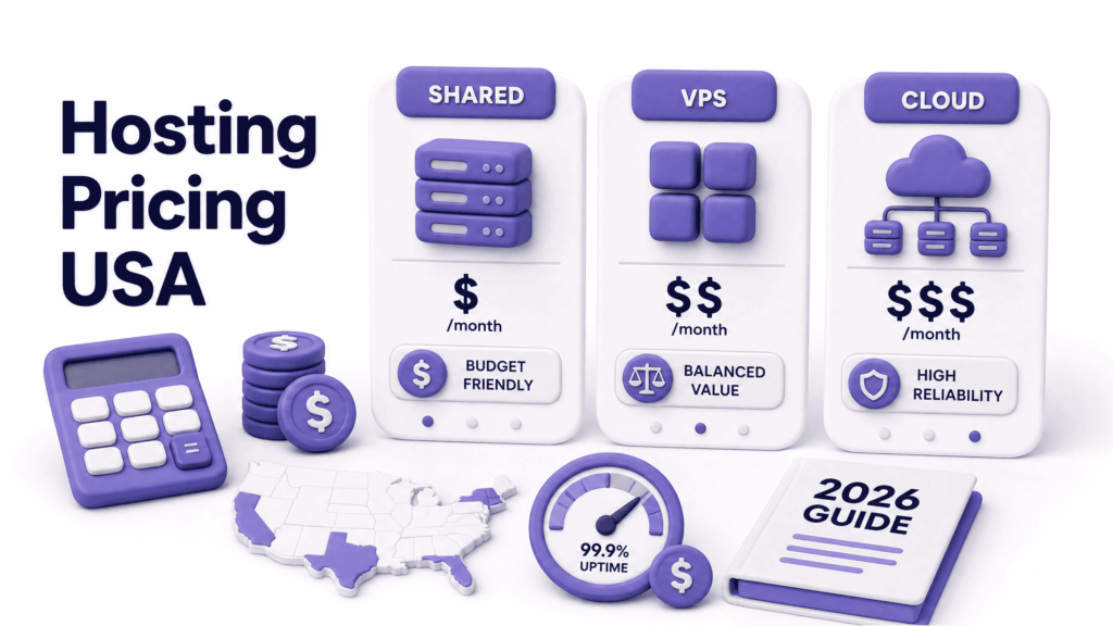 Pricing guide showing realistic web hosting costs in the USA for shared VPS and cloud plans