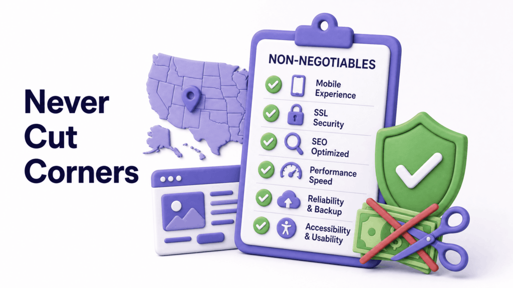 Checklist showing website elements US businesses should never compromise on regardless of budget