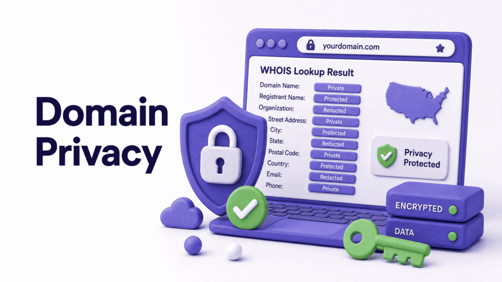 WHOIS lookup result showing personal information hidden by domain privacy protection for US business