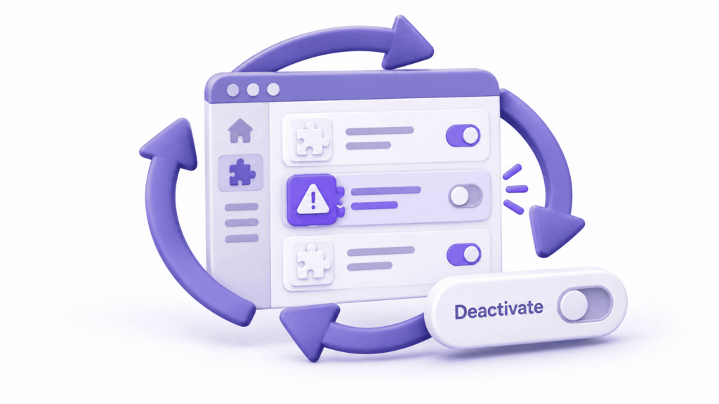WordPress plugins page with all plugins deactivated to fix ERR_TOO_MANY_REDIRECTS redirect loop