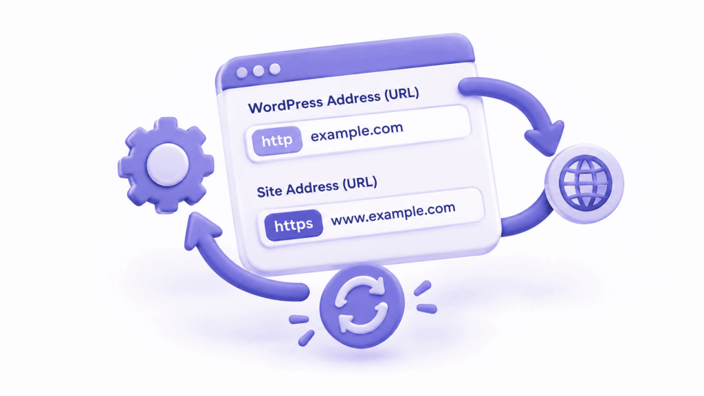WordPress Settings General page showing mismatched WordPress Address and Site Address causing redirect loop - ERR_TOO_MANY_REDIRECTS
