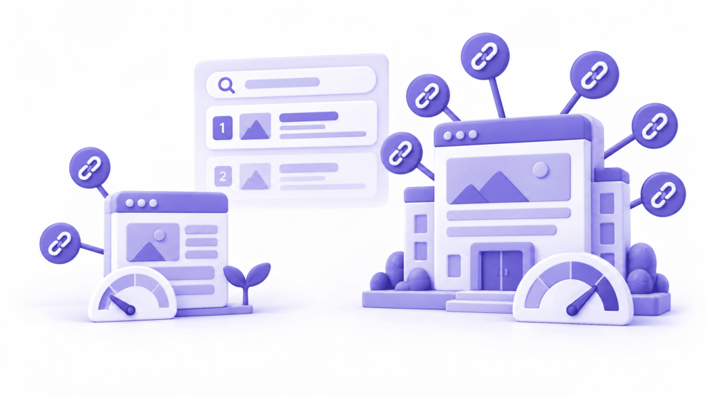 Domain authority comparison showing new low-authority site versus established domain ranking above it