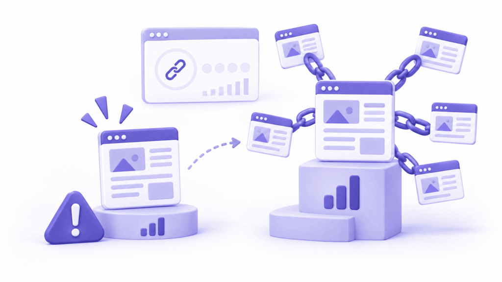 Link profile tool showing page with zero backlinks struggling to rank against linked competitor pages