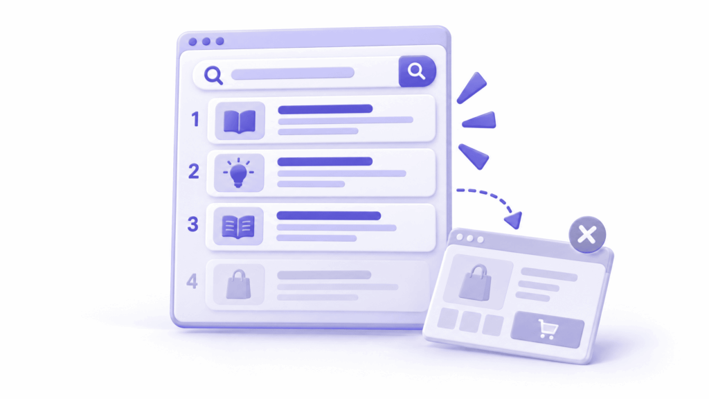 Search results showing informational intent pages ranking while transactional page sits unranked below - Website Indexed but Not Ranking